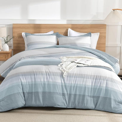 Litanika Light Blue Comforter Twin/Twin XL Size Set, 2 Pieces Bedding Set, Single Blue White Colorblock Striped Bed Set (66x90In Comforter & 1 Pillowcase)