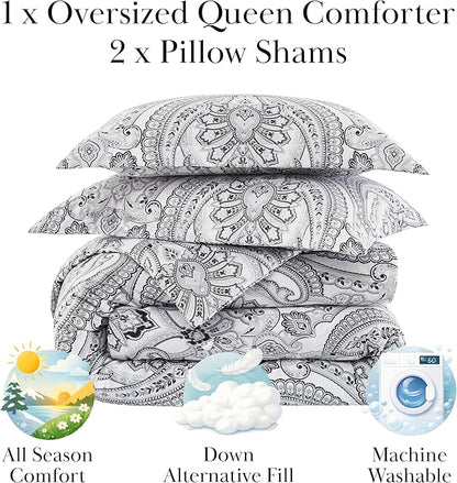 Southshore Fine Living, Inc. Oversized Full/Queen Size Comforter Bedding Set, Boho Bedding, Paisley Bedspread, Full Size/Queen Bed Comforter Set with 2 Matching Shams, Pure Melody Black