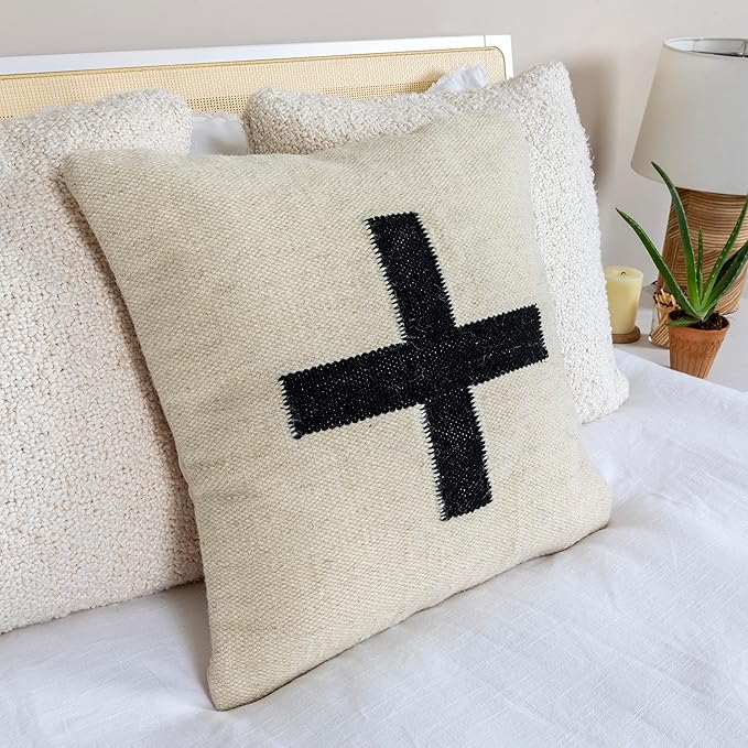 Creative Co-Op Swiss Cross Cotton Wool Throw Pillow, Cream