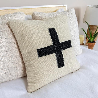 Creative Co-Op Swiss Cross Cotton Wool Throw Pillow, Cream