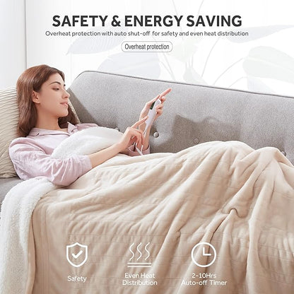 Heated Blanket Electric Blanket Twin Size Soft Flannel Sherpa, 6 Heat Levels Fast Heating, 2 to 10 Hours Auto-Off Detachable Controller Machine Washable, Beige 62"x84"