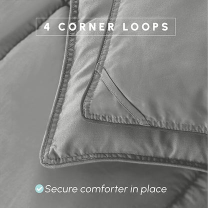 Elegant Comfort 3-Piece Box Stitched Down Alternative Comforter with Shams - Ultra Soft for All Season Duvet Insert with Corner Tabs, Plush Cozy 3PC Comforter Set, Oversize King, Silver Gray