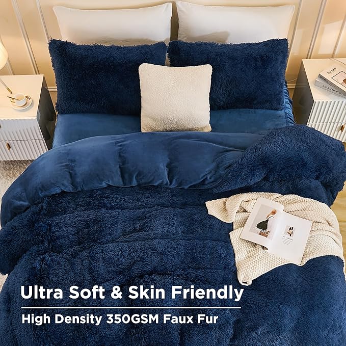 Andency Fluffy Navy Blue Comforter Set King Size, 3 Pieces Winter Faux Fur Warm Soft Fuzzy Plush Bedding Comforter Set (1 Velvet Comforter & 2 Pillowcases), Thick Heavy Comfy Comforters Bedding Set