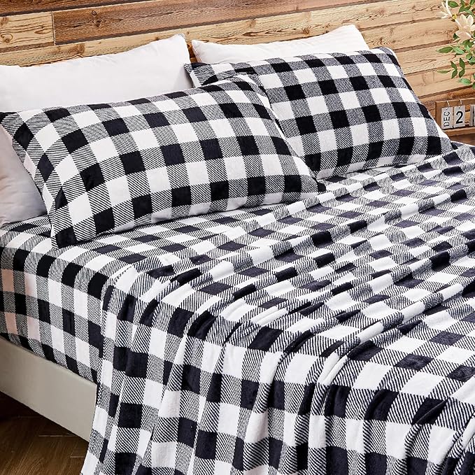 BEDELITE Flannel Sheets Queen Size Bed Set, Luxury Red and Black Plaid Winter Bedding Set, Super Soft & Warm Fuzzy Fleece Sheets 4 Piece(Include Fitted Sheet, Flat Sheet, 2 Pillowcases)