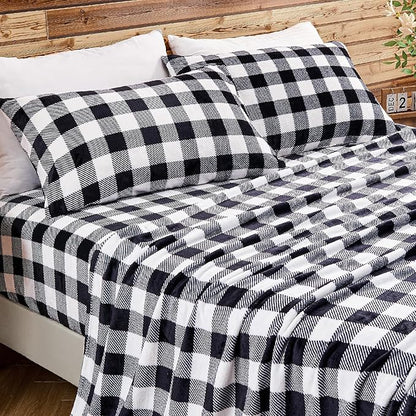 BEDELITE Flannel Sheets Queen Size Bed Set, Luxury Red and Black Plaid Winter Bedding Set, Super Soft & Warm Fuzzy Fleece Sheets 4 Piece(Include Fitted Sheet, Flat Sheet, 2 Pillowcases)