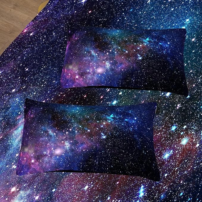 Tailor Shop 5 Pieces Galaxy Comforter Set Twin Size Space Blue and Purple Starry Sky Night Pattern Bedding Set for Girls Boys Kids Twin Size(1 Comforter, 1 Flat Sheet, 1 Fitted Sheet, 2 Pillowcases)