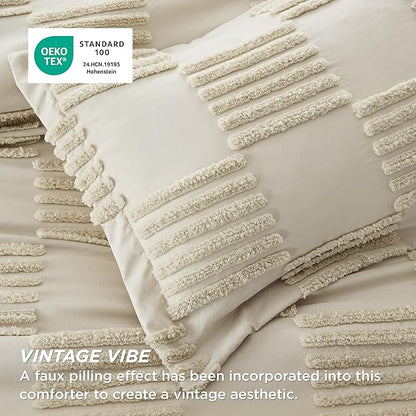 Bedsure Full Size Comforter Set Linen, Boho Tufted Bed Set, Grande Checkered Farmhouse Shabby Chic Bedding, 3 Pieces, 1 Plaid Geometric Comforter and 2 Pillow Shams