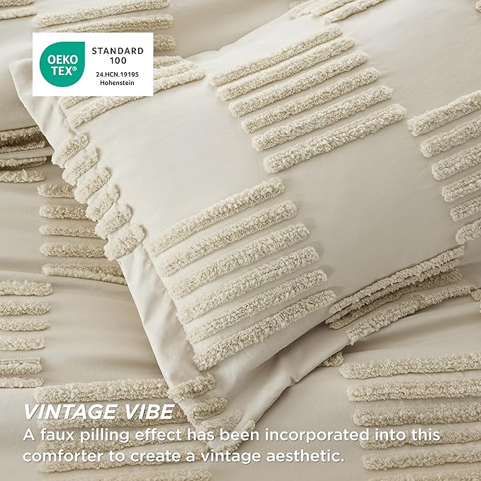 Bedsure King Size Comforter Set Linen, Boho Tufted Bed Set, Grande Checkered Farmhouse Shabby Chic Bedding, 3 Pieces, 1 Plaid Geometric Comforter and 2 Pillow Shams