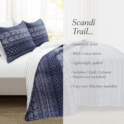 Lush Decor Hygge Geo Pattern Striped 3 Piece Quilt Bedding Set, King, Navy