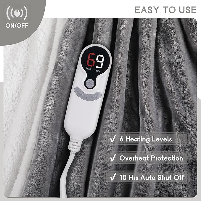 Heated Blanket Electric Blanket Full Size 72''x84'' with 9 Heating Levels, 1-10 Hour Auto Shut Off, Machine Washable, Flannel & Sherpa Soft Warming Blanket for Couch, Bed, Office - Light Grey