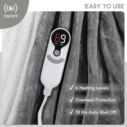 Heated Blanket Electric Blanket Full Size 72''x84'' with 9 Heating Levels, 1-10 Hour Auto Shut Off, Machine Washable, Flannel & Sherpa Soft Warming Blanket for Couch, Bed, Office - Light Grey