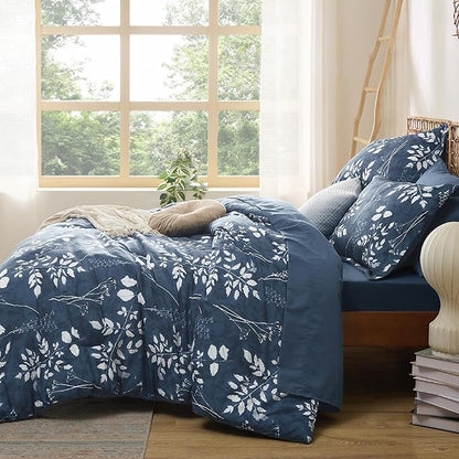 Bedsure Queen Comforter Set - 7 Pieces Floral Navy Soft Bedding Sets, Queen Bed in a Bag with Botanical Flowers Comforter, Sheets, Pillowcases & Shams