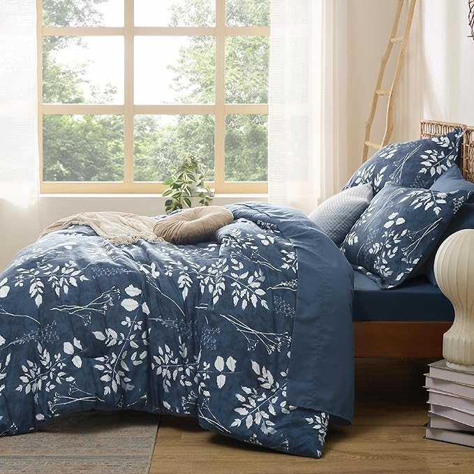 Bedsure Full Size Comforter Set - 7 Pieces Floral Navy Soft Bedding Sets, Full Bed in a Bag with Botanical Flowers Comforter, Sheets, Pillowcases & Shams