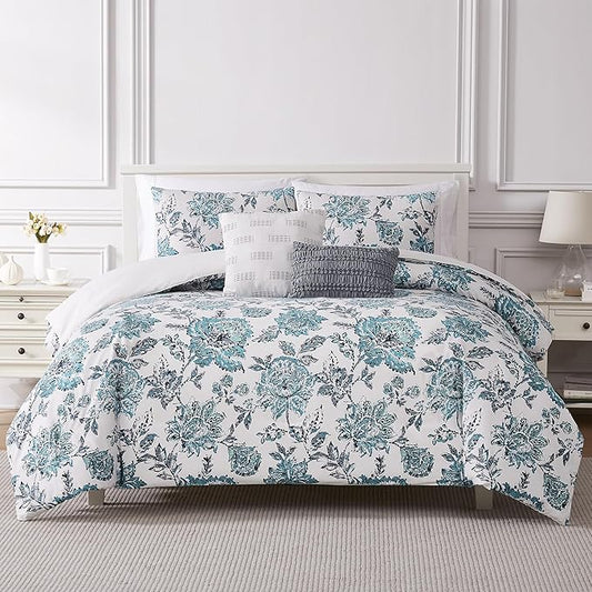 Modern Threads 5-Piece Printed Comforter Set, Athenas Queen in White and Teal – Soft Comforter, 2 Pillow Shams, and 2 Decorative Pillows