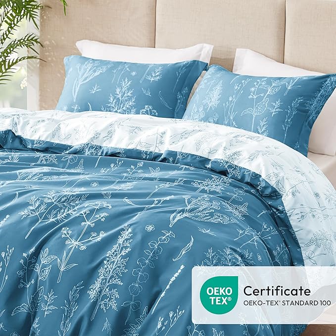 Love's cabin Mineral Blue Full Comforter Set - Full Size Comforter Set, 3 Pieces Cute Floral Bedding Sets for All Seasons,1 Soft Reversible Botanical Flowers Comforter and 2 Pillow Shams