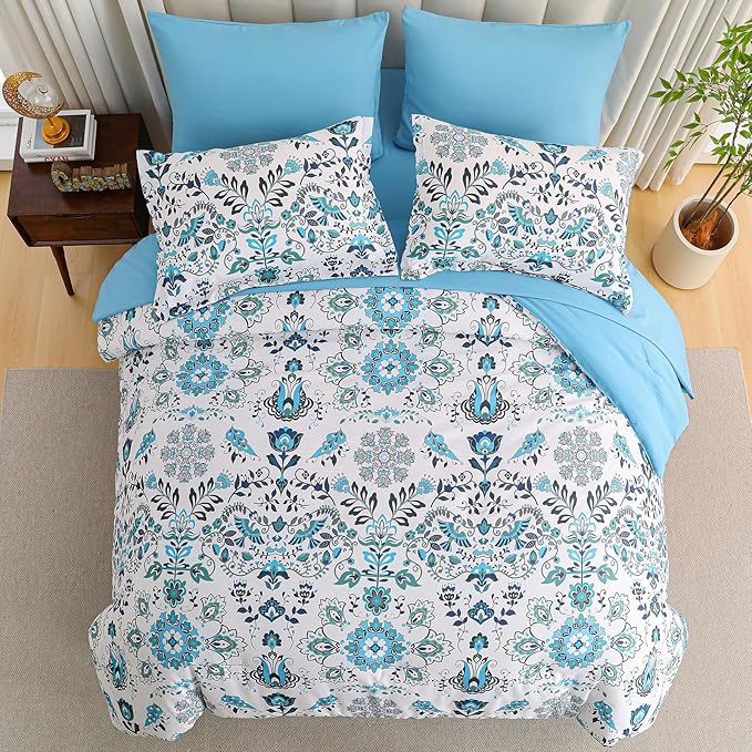 Boho Comforter Set Queen - 7 Pieces Bed in a Bag Floral Design, Bohemian Comforter Set with Sheets, Soft Microfiber Complete Bedding Sets All Season (Light Blue, Queen)