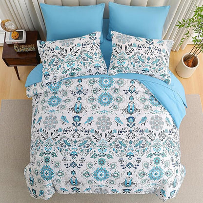 Boho Comforter Set King - 7 Pieces Bed in a Bag Floral Design, Bohemian Comforter Set with Sheets, Soft Microfiber Complete Bedding Sets All Season (Light Blue, King)