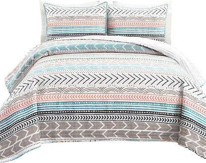 Lush Decor Hygge Geo Pattern Striped 3 Piece Quilt Bedding Set, King, Neutral & Multicolored