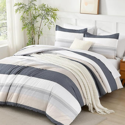 Andency King Size Comforter Set Yellow Blue - 7 Pieces Blue Striped Lightweight Bed in a Bag, Soft Microfiber Reversible Bedding Set with Comforter, Fitted & Flat Sheet, Pillowcases & Shams