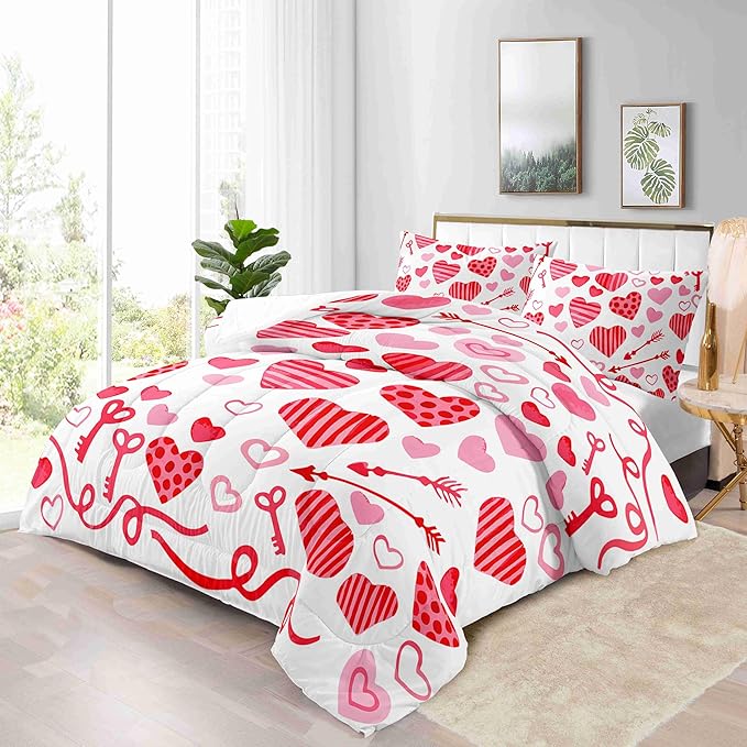Valentine Hearts King Size Comforter Set with 2 Pillowcases, Red and Pink Heart Printed Pillow Shams Soft 3 Pcs Bedding for Kids Adults Bedroom Dormroom Bed Decor All Season