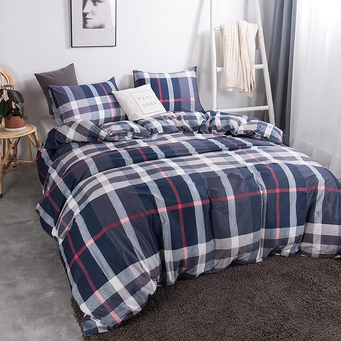 CLOTHKNOW Blue Plaid California KingComforter Set 3Pcs Tartan Bedding Comforter Sets All Season Soft Blue White Grey Grid Comforter with 2 x Pillow Cases