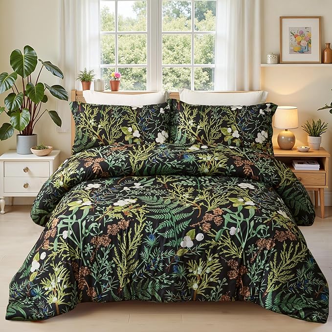 King Comforter Set - 3 Pieces Botanical Bedding Comforter Set, 1 Soft Green Plant Flowers Comforter (104"x90") and 2 Pillow Shams(20"x36") Ultra-Soft Comfort Suitable for All Seasons
