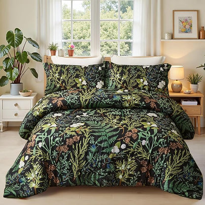 King Comforter Set - 3 Pieces Botanical Bedding Comforter Set, 1 Soft Green Plant Flowers Comforter (104"x90") and 2 Pillow Shams(20"x36") Ultra-Soft Comfort Suitable for All Seasons