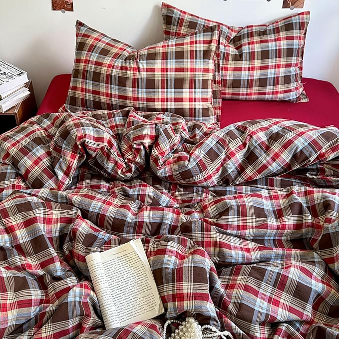 HighBuy Full Comforter Set Gingham Plaid Modern Style Checkered Pattern Comforter for Men Boys,Fluffy Soft 3 Piece Grid Plaid Printed Geometric Comforter with 2 Pillowcases,Comfortable