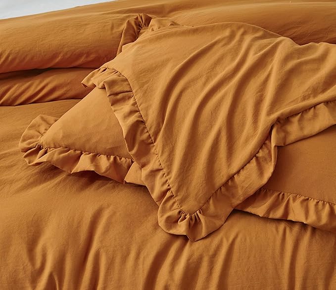 Chezmoi Collection Nora Spice Orange Comforter Set Twin Size 2-Piece Lightweight Soft Stone-Washed Ruffled Shabby Chic Bedding for All Season