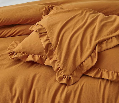 Chezmoi Collection Nora Spice Orange Comforter Set Queen Size 3-Piece Lightweight Fluffy Soft Stone-Washed Ruffled Shabby Chic Bedding for All Season