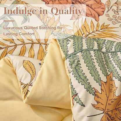 Queen Comforter Set - 3 Pieces Botanical Bedding Comforter Set, 1 Soft Orange Fall Plant Flowers Comforter (90"x90") and 2 Pillow Shams(20"x26") Ultra-Soft Comfort Suitable for All Seasons