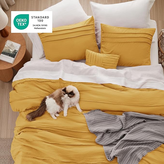Bedsure California King Comforter Set - 4 Pieces Pinch Pleat Bed Set, Mustard Yellow Boho Bedding for All Season, 1 Soft Comforter, 2 Pillowcases, 1 Decorative Pillow