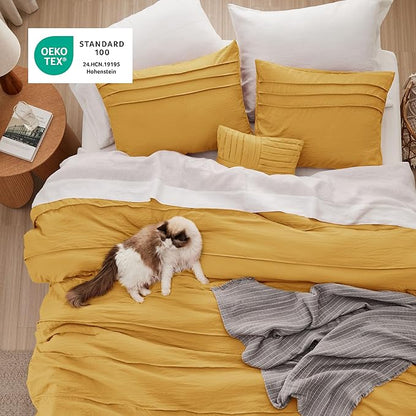 Bedsure California King Comforter Set - 4 Pieces Pinch Pleat Bed Set, Mustard Yellow Boho Bedding for All Season, 1 Soft Comforter, 2 Pillowcases, 1 Decorative Pillow