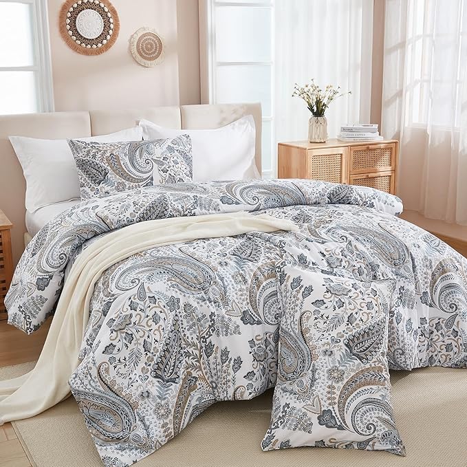 Grey Blue Paisley Comforter Set Queen Size 3 Pieces 100% Cotton Boho Paisley Pattern Bedding Set All Season Soft Cotton Lightweight Reversible Comforter