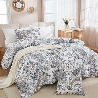 Grey Blue Paisley Comforter Set Queen Size 3 Pieces 100% Cotton Boho Paisley Pattern Bedding Set All Season Soft Cotton Lightweight Reversible Comforter