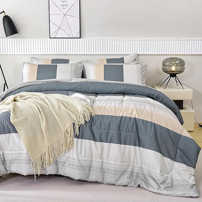 RYNGHIPY Full Size Comforter Set Beige Grey Striped Men Boys Bedding Set Soft All Season Down Alternative Comforter Bedding Sets (Full,Beige Grey)