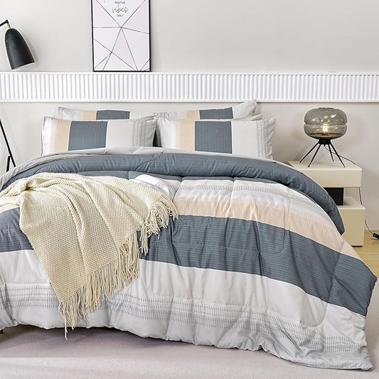 RYNGHIPY Full Size Comforter Set Beige Grey Striped Men Boys Bedding Set Soft All Season Down Alternative Comforter Bedding Sets (Full,Beige Grey)