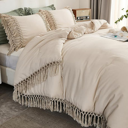 Andency Beige Comforter Set California King, 3 Pieces Boho Tassel Lightweight Soft Bedding Comforter Sets for King Bed, All Season Fluffy Fringe Bed Set (104x96In Comforter & 2 Pillowcases)