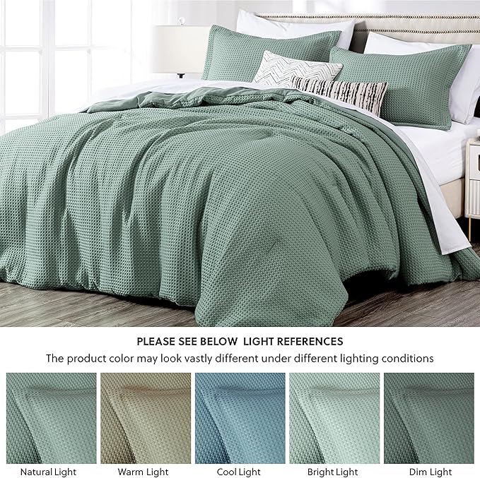 Chezmoi Collection Wilmer 3-Piece Queen Comforter Set, Sage Green, Soft and Cozy Lightweight Waffle Weave Comforter Bedding for All Season