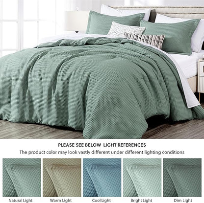 Chezmoi Collection Wilmer 3-Piece Queen Comforter Set, Sage Green, Soft and Cozy Lightweight Waffle Weave Comforter Bedding for All Season
