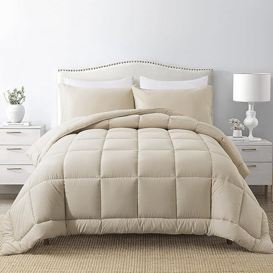 DOWNCOOL Twin Comforter Set -All Season Bedding Comforters Sets with 1 Pillow Case -2 Pieces Bed Set Down Alternative Comforter Set -Beige Twin Bedding Sets(64"x88")