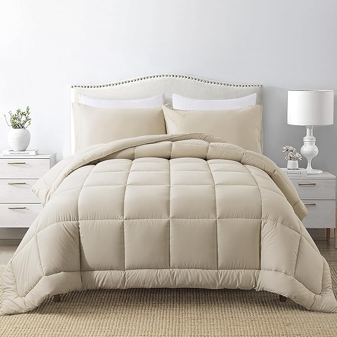 DOWNCOOL King Size Comforter Set -All Season Bedding Comforters Sets with 2 Pillow Cases -3 Pieces Bed Set Down Alternative King Bedding Set -Beige King Comforter Set(102"x90")