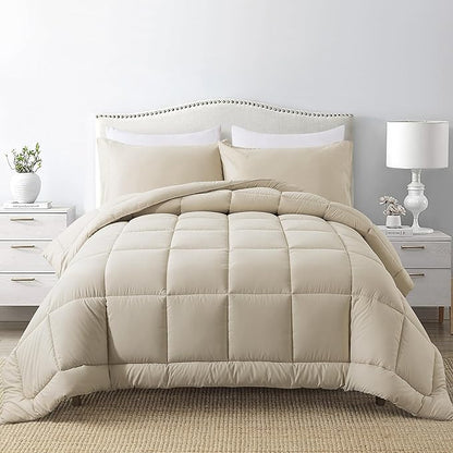 DOWNCOOL Full Size Comforter Sets -All Season Bedding Comforters Sets with 2 Pillow Cases -3 Pieces Bed Set Down Alternative Comforter Set -Beige Bedding Sets Full(82"x86")