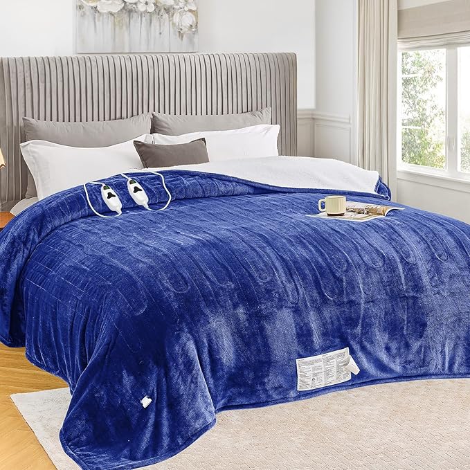 greenoak Heated Blanket Electric Queen Size 84"X90" Dual Control, Heating Blanket with 10 Heat Levels 1/2/4/6/8 Hours Auto-Off, Sherpa Soft Warm Christmas Blanket, Sea Blue