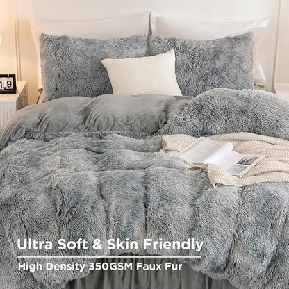 Andency Tie-Dyed Grey White Comforter King Size, 3 Pieces Faux Fur Fluffy Fuzzy Plush Bedding Comforter Set, Soft Puffy Comfy Down Comforter Bed Set