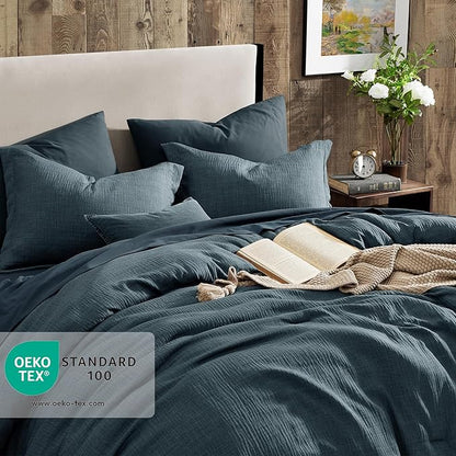 Geniospin Queen Comforter Set - 7 Pieces Comforter Queen Size, Soft Solid Bedding Set for All Season, Textured Bed in a Bag with Sheets, Pillowcases & Shams (Navy Blue, 90''x90'')