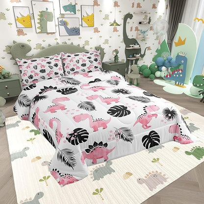 Cartoon Pink Dinosaur Bedding Set for Boys Girls,Palm Leaf Tropical Plants All Season Cozy Comforter Set Full Size,Watercolor Cute Animals Duvet Set Bedroom Decor,Festival Gifts