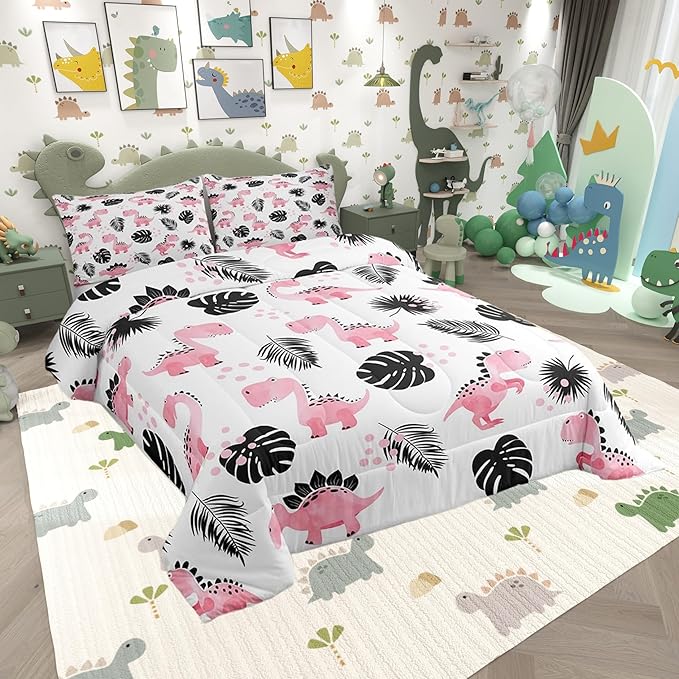 Cartoon Pink Dinosaur Twin Size Comforter Set,Watercolor Cute Animals Duvet Set Soft Bed Collection,Palm Leaf Tropical Plants Bedding Comforter for Boys Girls Bedroom,2 Pcs