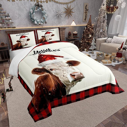 Christmas Farmhouse Twin Size Comforter Set for All Seasons,Xmas Cow Cattle Animal Bedding Set Teens Bedroom Decor,Vintage Cabin Red Plaid Comforter Inner Fill with 1 Pillowcase