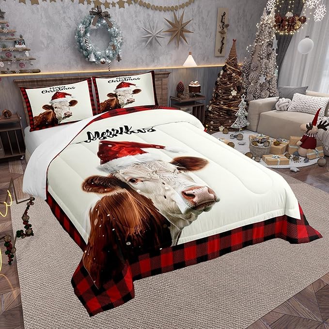 Christmas Farmhouse Boys Girls Comforter Set,Vintage Cabin Red Plaid Duvet Set for Room Decor,Xmas Cow Cattle Animal Brushed Microfiber Soft Quilt Cover,Full